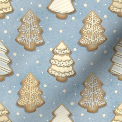 Silver and Gold Christmas Tree Sugar Cookies on Slate Blue