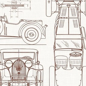 Large Scale / Oldtimer Race Cars Blueprint / Off-White Linen Textured Background