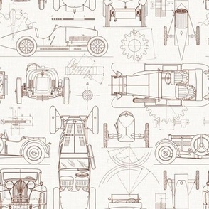 Small Scale / Oldtimer Race Cars Blueprint / Off-White Linen Textured Background