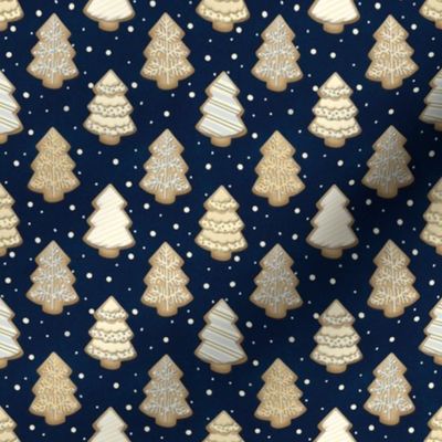 Silver and Gold Christmas Tree Sugar Cookies on Dark Blue (Small Scale)