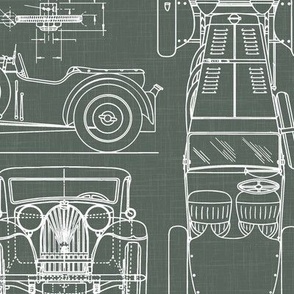 Large Scale / Oldtimer Race Cars Blueprint / Moss Green Linen Textured Background