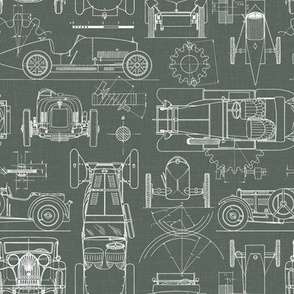 Small Scale / Oldtimer Race Cars Blueprint / Moss Green Linen Textured Background