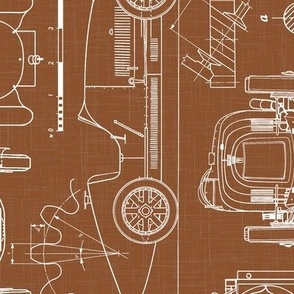Large Scale / Rotated / Oldtimer Race Cars Blueprint / Rust Linen Textured Background