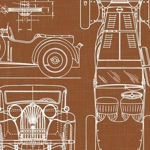 Large Scale / Oldtimer Race Cars Blueprint / Rust Linen Textured Background