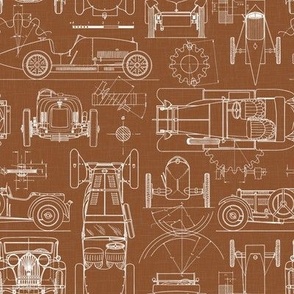 Small Scale / Oldtimer Race Cars Blueprint / Rust Linen Textured Background