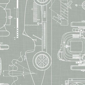 Large Scale / Rotated / Oldtimer Race Cars Blueprint / Sage Linen Textured Background