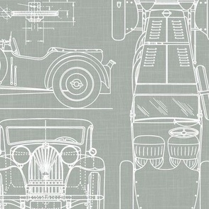 Large Scale / Oldtimer Race Cars Blueprint / Sage Linen Textured Background
