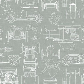 Small Scale / Oldtimer Race Cars Blueprint / Sage Linen Textured Background