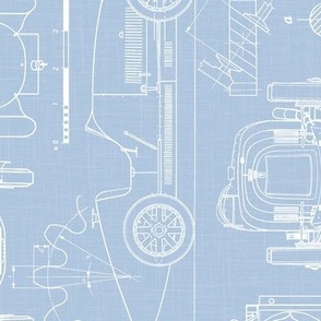 Large Scale / Rotated / Oldtimer Race Cars Blueprint / Sky Linen Textured Background
