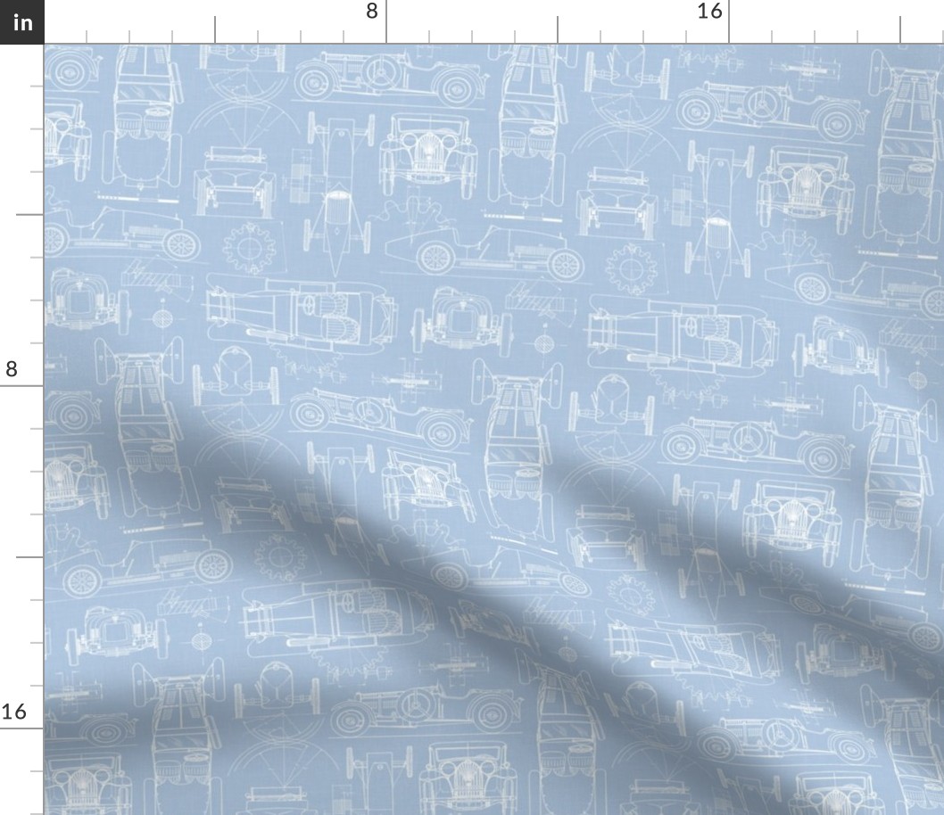 Small Scale / Oldtimer Race Cars Blueprint / Sky Linen Textured Background