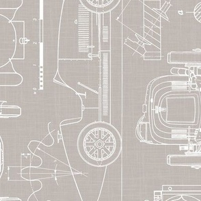 Large Scale / Rotated / Oldtimer Race Cars Blueprint / Warm Grey Linen Textured Background