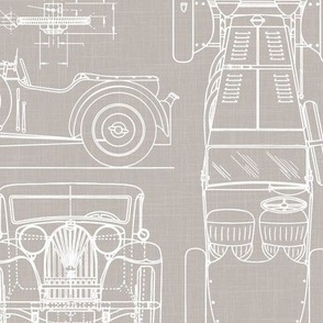 Large Scale / Oldtimer Race Cars Blueprint / Warm Grey Linen Textured Background
