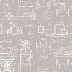 Small Scale / Oldtimer Race Cars Blueprint / Warm Grey Linen Textured Background