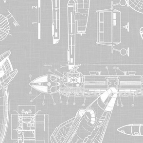 Large Scale / Rotated / Spacecraft Blueprint / Cool Grey Linen Textured Background