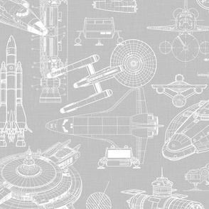 Medium Scale / Spacecraft Blueprint / Cool Grey Linen Textured Background