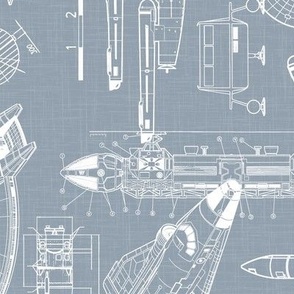 Large Scale / Rotated / Spacecraft Blueprint / Dusty Blue Linen Textured Background