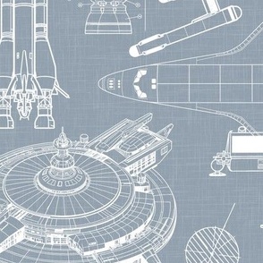 Large Scale / Spacecraft Blueprint / Dusty Blue Linen Textured Background