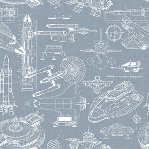 Small Scale / Spacecraft Blueprint / Dusty Blue Linen Textured Background