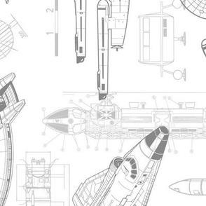 Large Scale / Rotated / Spacecraft Blueprint / Grey on White Background