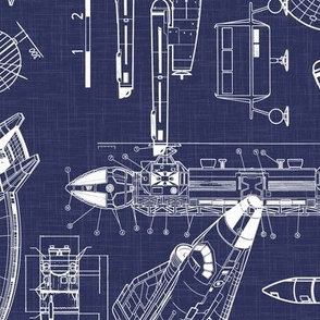 Large Scale / Rotated / Spacecraft Blueprint / Navy Background