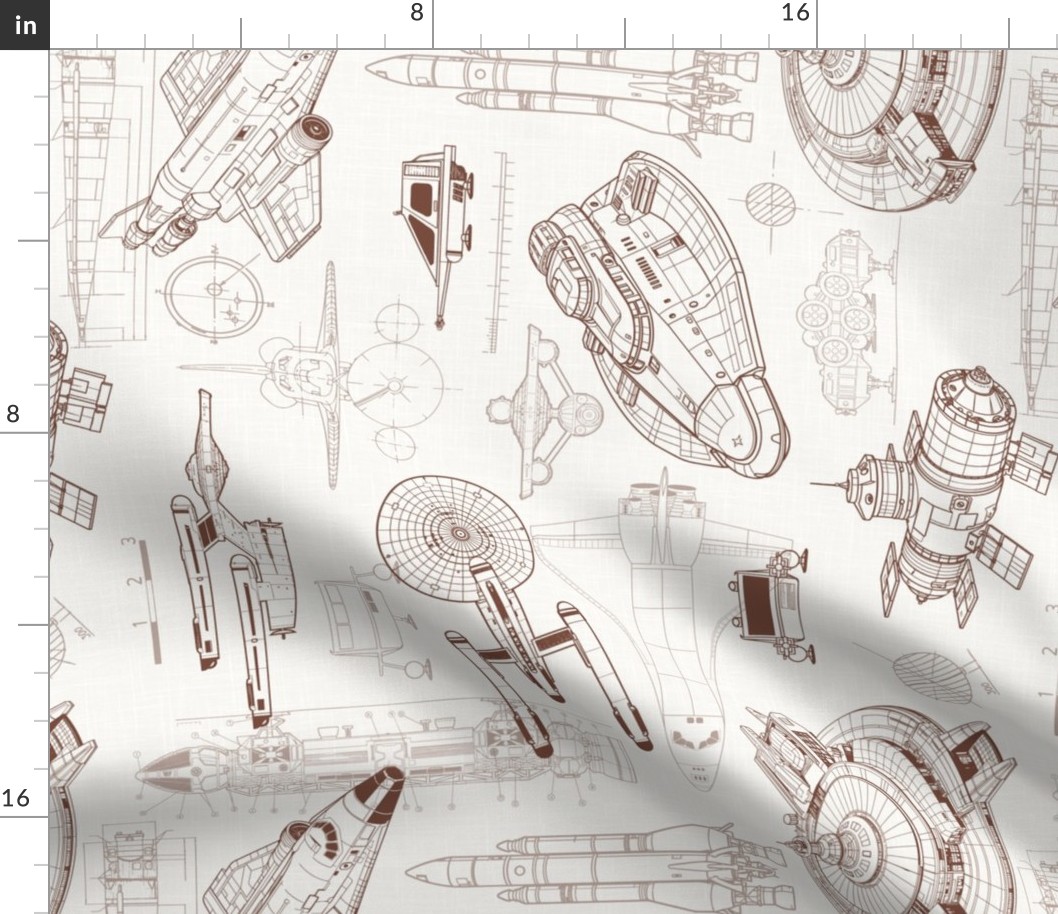 Large Scale / Rotated / Spacecraft Blueprint / Off-White Linen Textured Background