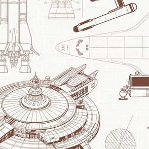 Large Scale / Spacecraft Blueprint / Off-White Linen Textured Background