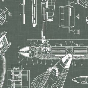 Large Scale / Rotated / Spacecraft Blueprint / Moss Green Linen Textured Background