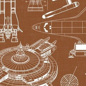 Large Scale / Spacecraft Blueprint / Rust Linen Textured Background