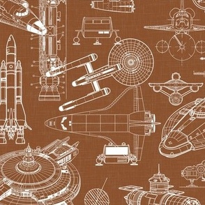 Medium Scale / Spacecraft Blueprint / Rust Linen Textured Background