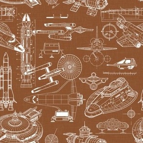 Small Scale / Spacecraft Blueprint / Rust Linen Textured Background