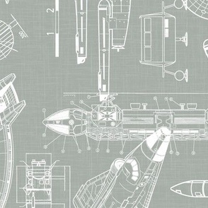 Large Scale / Rotated / Spacecraft Blueprint / Sage Linen Textured Background