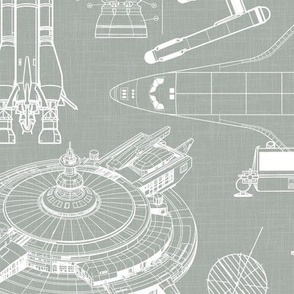 Large Scale / Spacecraft Blueprint / Sage Linen Textured Background