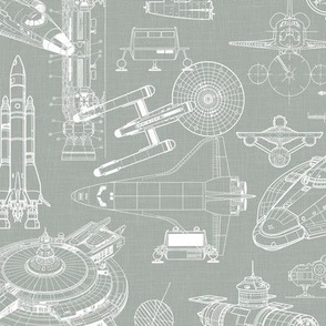 Medium Scale / Spacecraft Blueprint / Sage Linen Textured Background