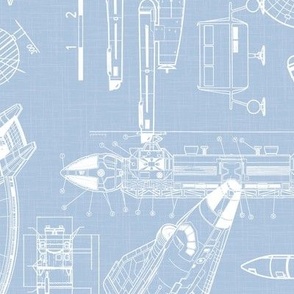 Large Scale / Rotated / Spacecraft Blueprint / Sky Linen Textured Background