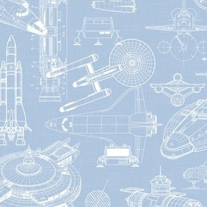 Medium Scale / Spacecraft Blueprint / Sky Linen Textured Background