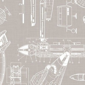 Large Scale / Rotated / Spacecraft Blueprint / Warm Grey Linen Textured Background