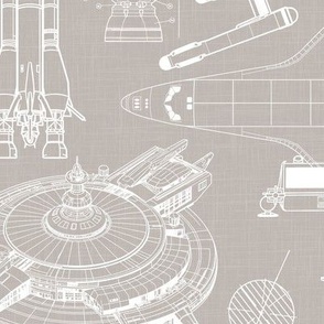 Large Scale / Spacecraft Blueprint / Warm Grey Linen Textured Background