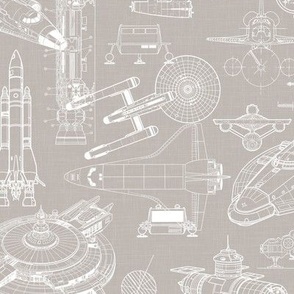 Medium Scale / Spacecraft Blueprint / Warm Grey Linen Textured Background