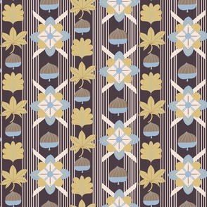 Harmony of Earthy Maple Leaf, blue Acorn, Geometric Flowers, and Lines