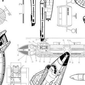 Large Scale / Rotated / Spacecraft Blueprint / Black on White Background