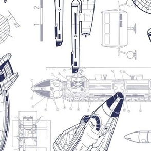 Large Scale / Spacecraft / Tractor Blueprint / Navy on White Background