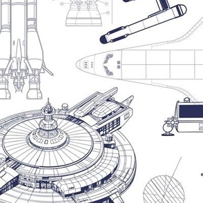 Large Scale / Spacecraft Blueprint / Navy on White Background