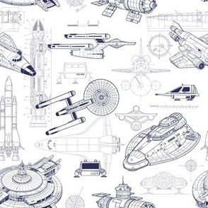 Small Scale / Spacecraft Blueprint / Navy on White Background