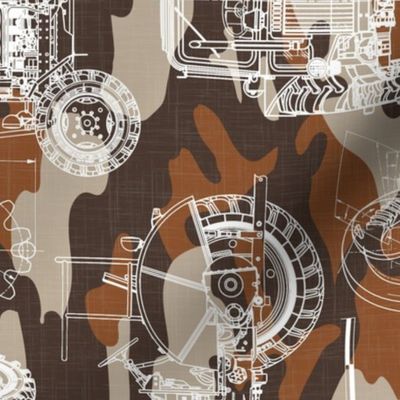 Large Scale / Rotated / Tractor Blueprint / Rust Maroon Beige Camouflage Linen Textured Background