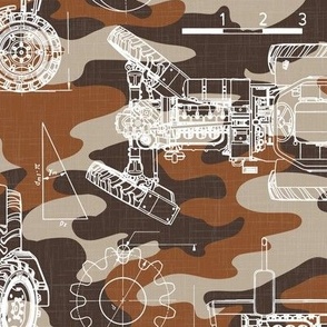 Large Scale / Tractor Blueprint / Rust Maroon Beige Camouflage Linen Textured Background