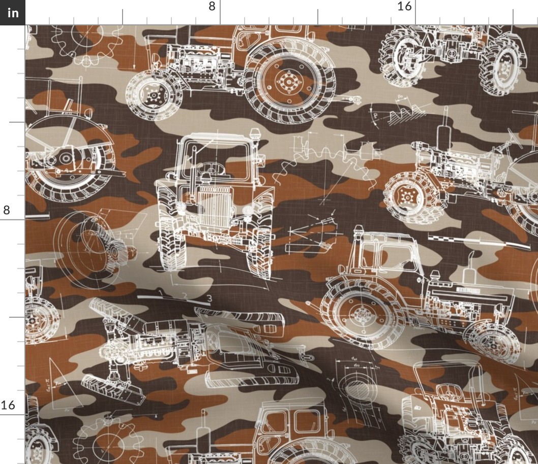 Large Scale / Tractor Blueprint / Rust Maroon Beige Camouflage Linen Textured Background