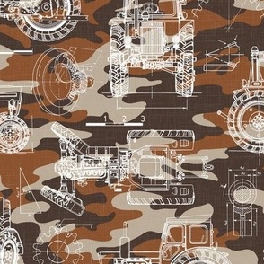 Medium Scale / Tractor Blueprint / Rust Maroon Beige Camouflage Linen Textured Background