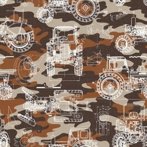 Small Scale / Tractor Blueprint / Rust Maroon Beige Camouflage Linen Textured Background