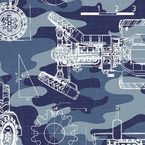 Large Scale / Tractor Blueprint / Navy Blue Camouflage Linen Textured Background