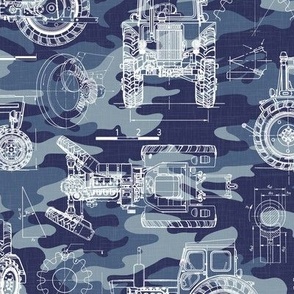 Medium Scale / Tractor Blueprint / Navy Blue Camouflage Linen Textured Background